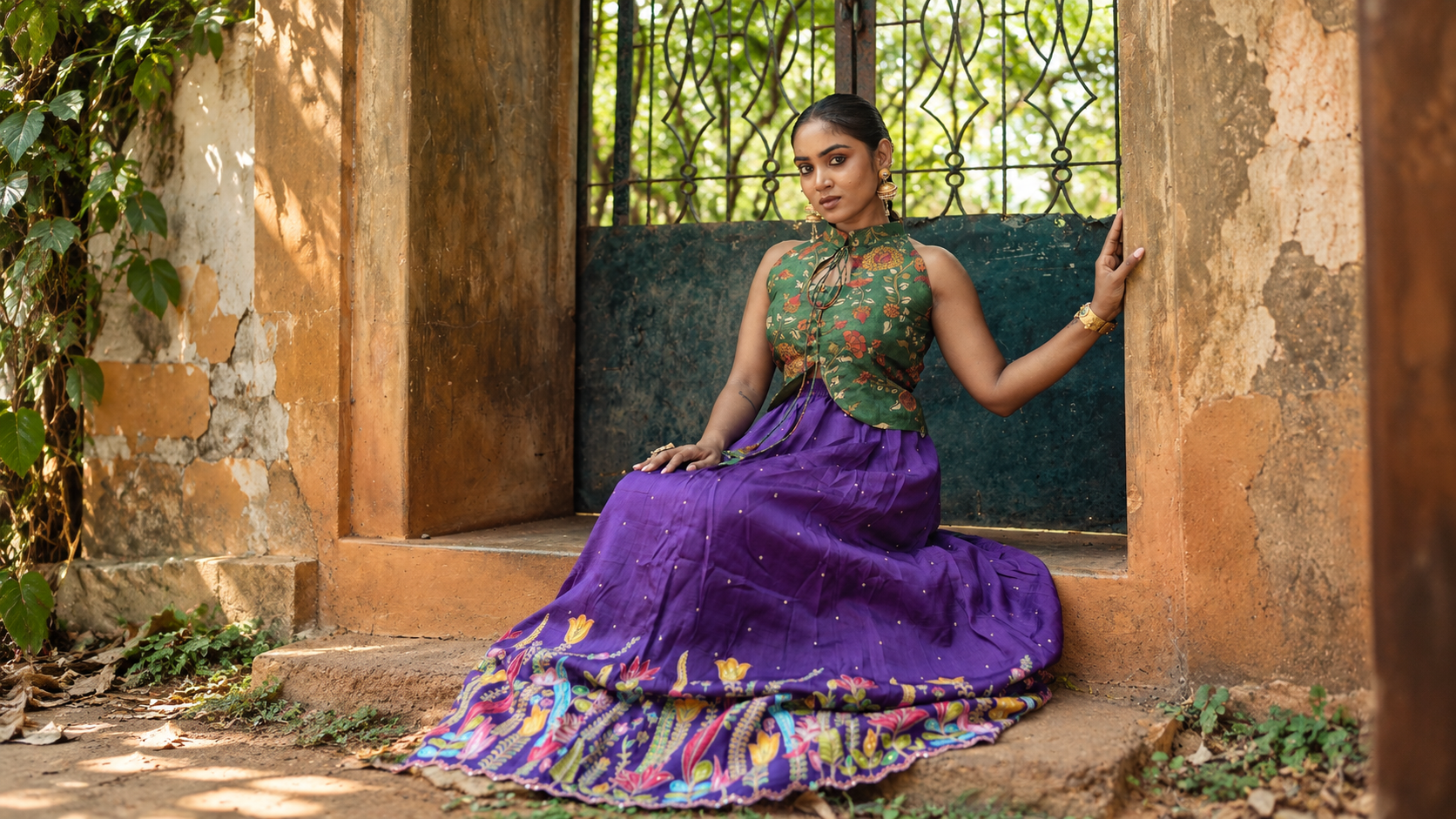 Model in a purple hand-embroidered skirt and green kalamkari halter, seated in a heritage courtyard doorway.
